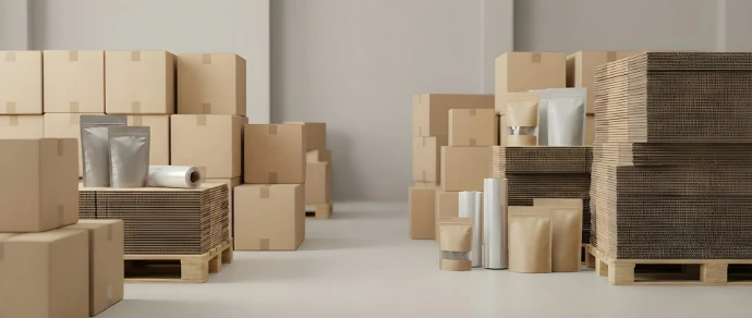 Cardboard boxes and packaging supplies in a warehouse.